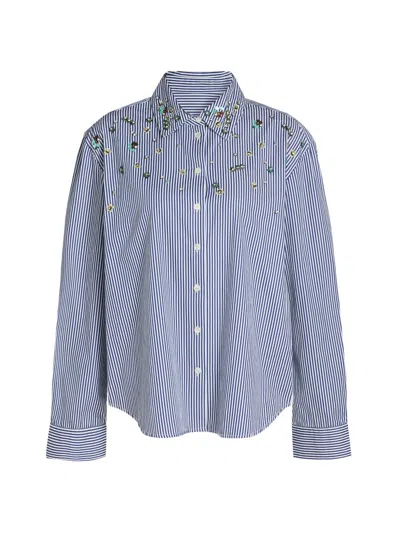 Tanya Taylor Women's Margaux Embellished Striped Cotton Top In Blue