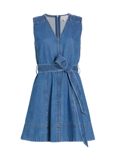 Tanya Taylor Reina Sleeveless Belted Denim Mini Dress In Medium Indigo Blue