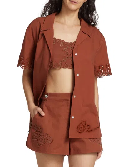 Tanya Taylor Women's Taytum Embroidered Camp Shirt In Ginger