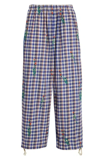 Tao Comme Des Garçons Check Floral Embroidered Cotton Twill Pants In Blue/ Orange X Blue