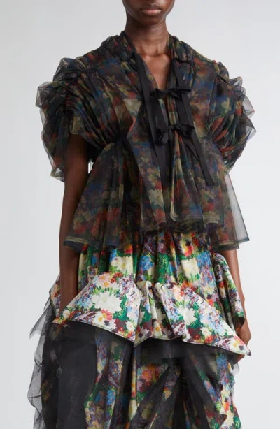 Tao Comme Des Garçons Gathered Tulle & Floral Print Cotton Top