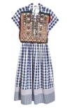 TAO COMME DES GARÇONS GINGHAM COTTON MIDI DRESS WITH HAND EMBROIDERED OVERLAY
