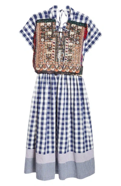 Tao Comme Des Garçons Gingham Cotton Midi Dress With Hand Embroidered Overlay In Navy/ White