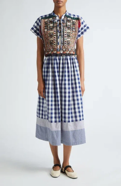 Tao Comme Des Garçons Gingham Cotton Midi Dress With Hand Embroidered Overlay In Navy/white