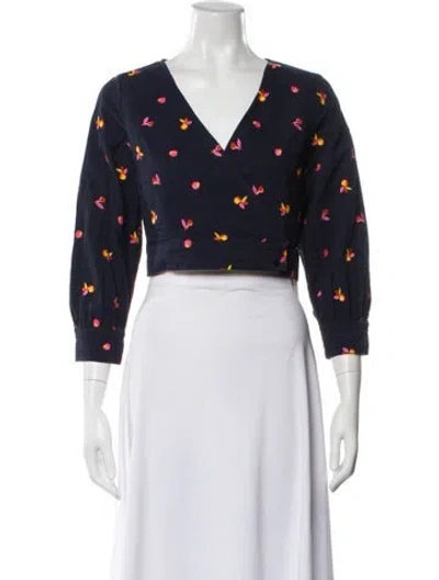 Pre-owned Tara Jarmon Floral Print V-neck Crop Top In Blue