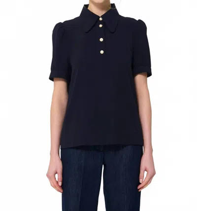 Tara Jarmon Short-sleeved Polo With Jewel Buttons In Navy Blue In Black