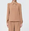 Tara Jarmon Tonio Long Sleeve Top In Noisette In Brown