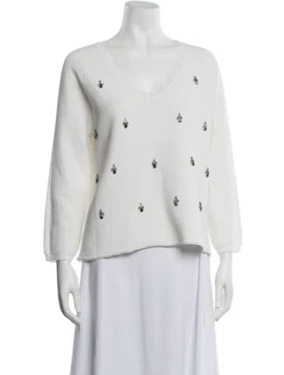 Pre-owned Tara Jarmon V-neck Three-quarter Sleeve Top In White