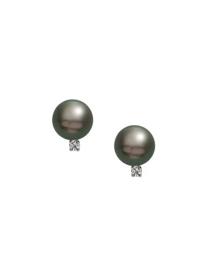 Tara Pearls Women's 14k White Gold, Diamond & 8-9mm Cultured Tahitian Pearl Stud Earrings In Gray