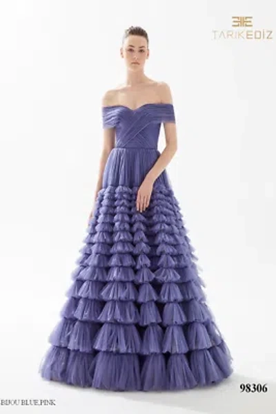 Pre-owned Tarik Ediz 98306 Evening Dress Lowest Price Guarantee Authentic In Bijou Blue