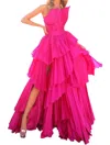 Tarik Ediz Asymmetrical Neckline Pleated Gown In Fuchsia In Pink