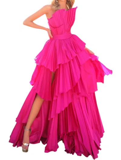 Tarik Ediz Asymmetrical Neckline Pleated Gown In Fuchsia In Pink