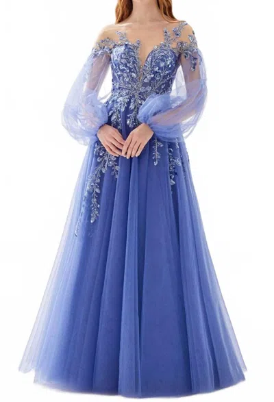Tarik Ediz Bishop Sleeve Beaded Tulle A-line Gown In Bijou Blue In Multi