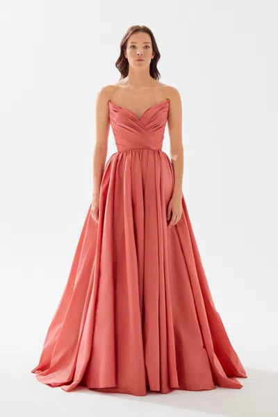 Tarik Ediz Pleated Taffeta Prom Gown In Salmon In Pink