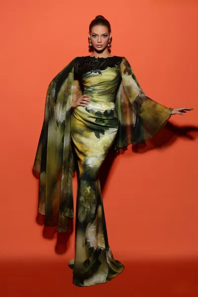 Tarik Ediz Caped Long Sleeve Berta Gown In Multi