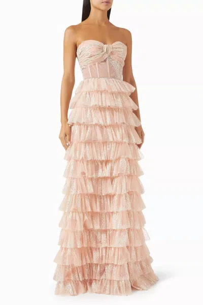 Tarik Ediz Cielo Glitter Tiered Gown In Pink