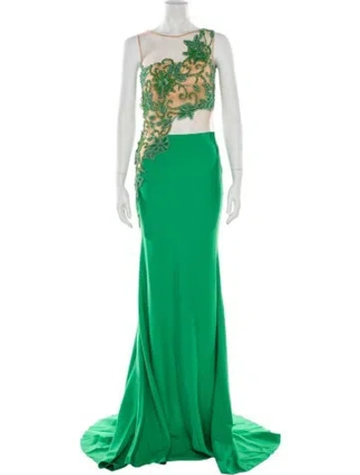 Pre-owned Tarik Ediz Crew Neck Long Dress In Green