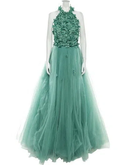 Pre-owned Tarik Ediz Floral Print Long Dress In Green