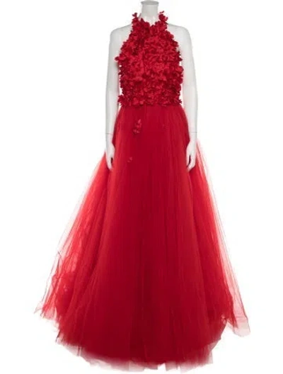 Pre-owned Tarik Ediz Floral Print Long Dress In Red