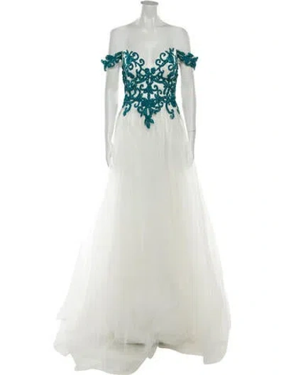 Pre-owned Tarik Ediz Floral Print Long Dress In White