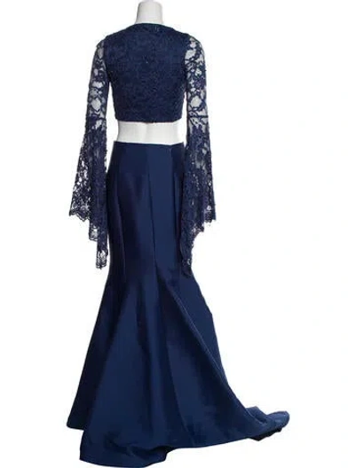 Pre-owned Tarik Ediz Lace Pattern Beaded Accents Skirt Set In Blue