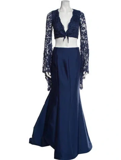 Pre-owned Tarik Ediz Lace Pattern Beaded Accents Skirt Set W/ Tags In Blue