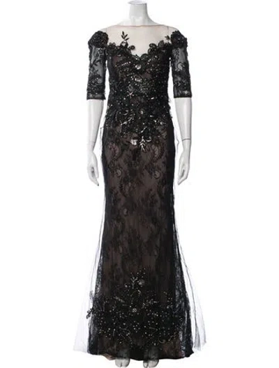 Pre-owned Tarik Ediz Lace Pattern Long Dress In Black