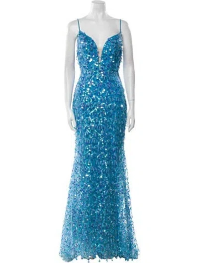 Pre-owned Tarik Ediz Lace Pattern Long Dress In Blue