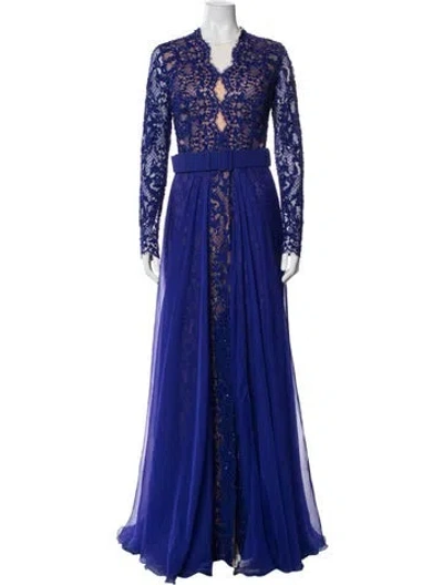 Pre-owned Tarik Ediz Lace Pattern Long Dress In Blue