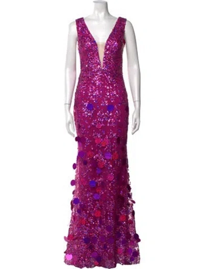 Pre-owned Tarik Ediz Lace Pattern Long Dress In Metallic/purple