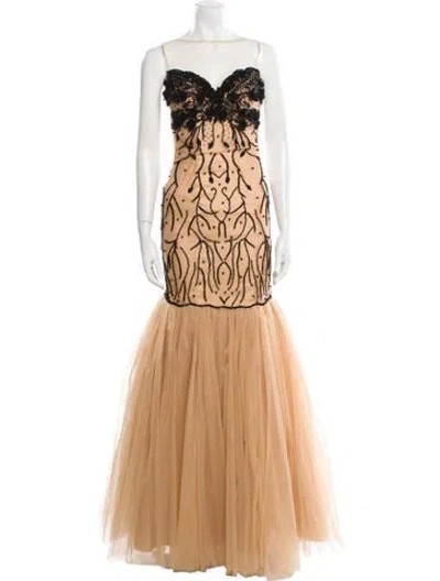 Pre-owned Tarik Ediz Lace Pattern Long Dress In Neutral