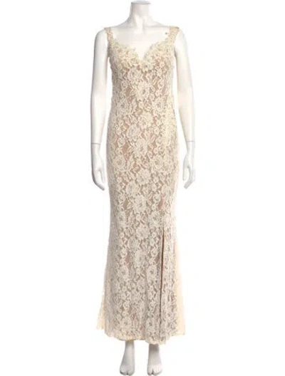 Pre-owned Tarik Ediz Lace Pattern Long Dress In Neutral