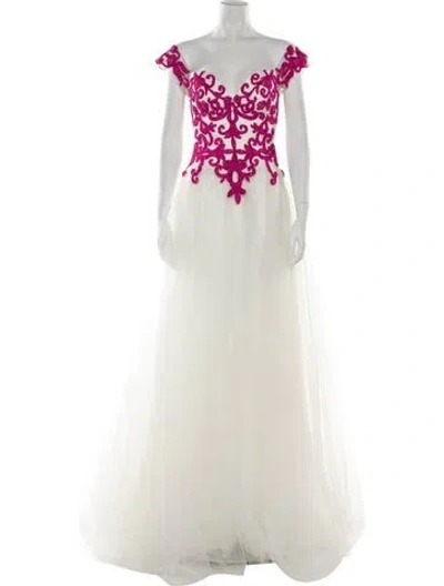 Pre-owned Tarik Ediz Lace Pattern Long Dress In Neutral