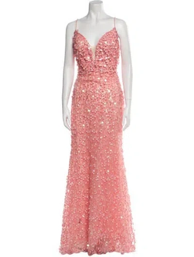 Pre-owned Tarik Ediz Lace Pattern Long Dress In Orange