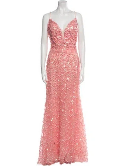 Pre-owned Tarik Ediz Lace Pattern Long Dress In Pink