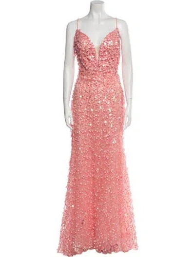Pre-owned Tarik Ediz Lace Pattern Long Dress In Pink