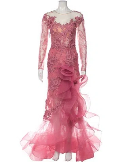 Pre-owned Tarik Ediz Lace Pattern Long Dress In Pink