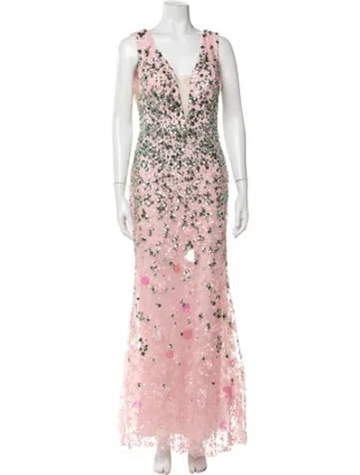 Pre-owned Tarik Ediz Lace Pattern Long Dress In Pink