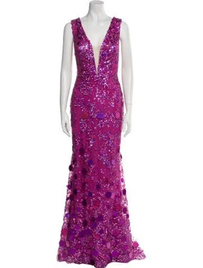 Pre-owned Tarik Ediz Lace Pattern Long Dress In Purple