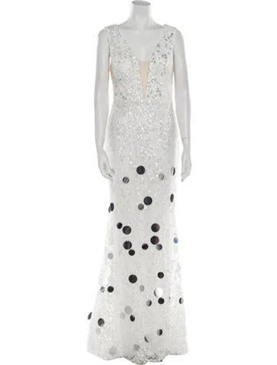 Pre-owned Tarik Ediz Lace Pattern Long Dress In White