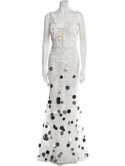 Pre-owned Tarik Ediz Lace Pattern Long Dress In White