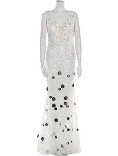 Pre-owned Tarik Ediz Lace Pattern Long Dress In White