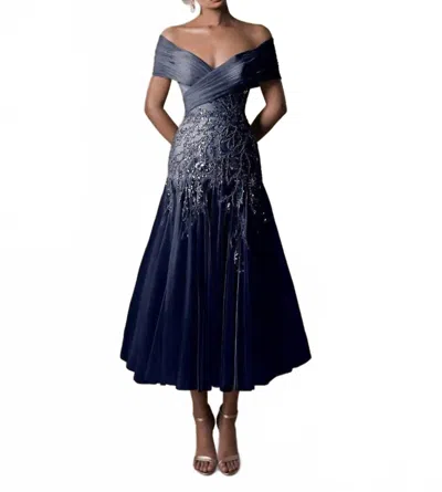 Tarik Ediz Lana Off The Shoulder Tea-length Dress In Navy In Blue