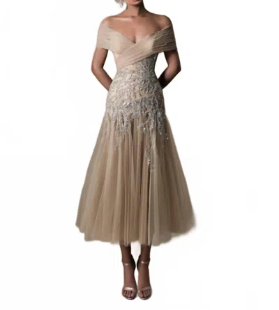 Tarik Ediz Lana Off The Shoulder Tea-length Dress In Stone In Pink