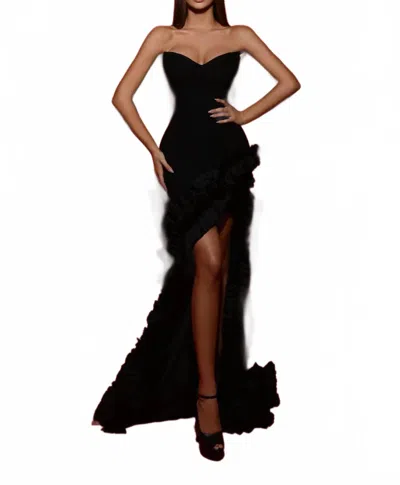 Tarik Ediz Long Asymmetrical Evening Gown In Black