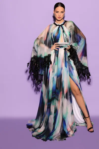 Tarik Ediz Long Sleeve Ellada Gown In Multi