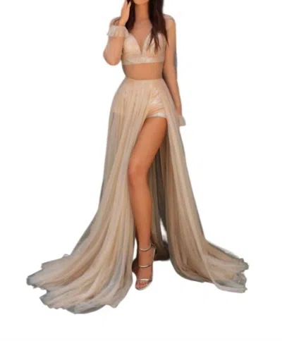 Tarik Ediz Macerta Sheer Bodice High Slit Dress In Stone In Gray