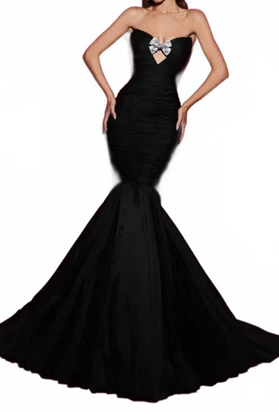 Tarik Ediz Metallic Bow Evening Gown In Black