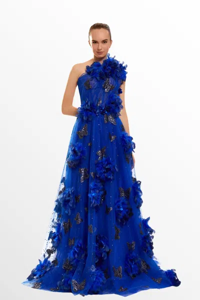 Tarik Ediz One Shoulder Floral Gown In Black