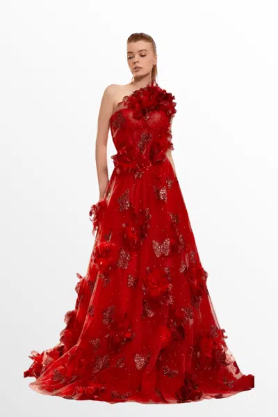 Tarik Ediz One Shoulder Floral Gown In Black